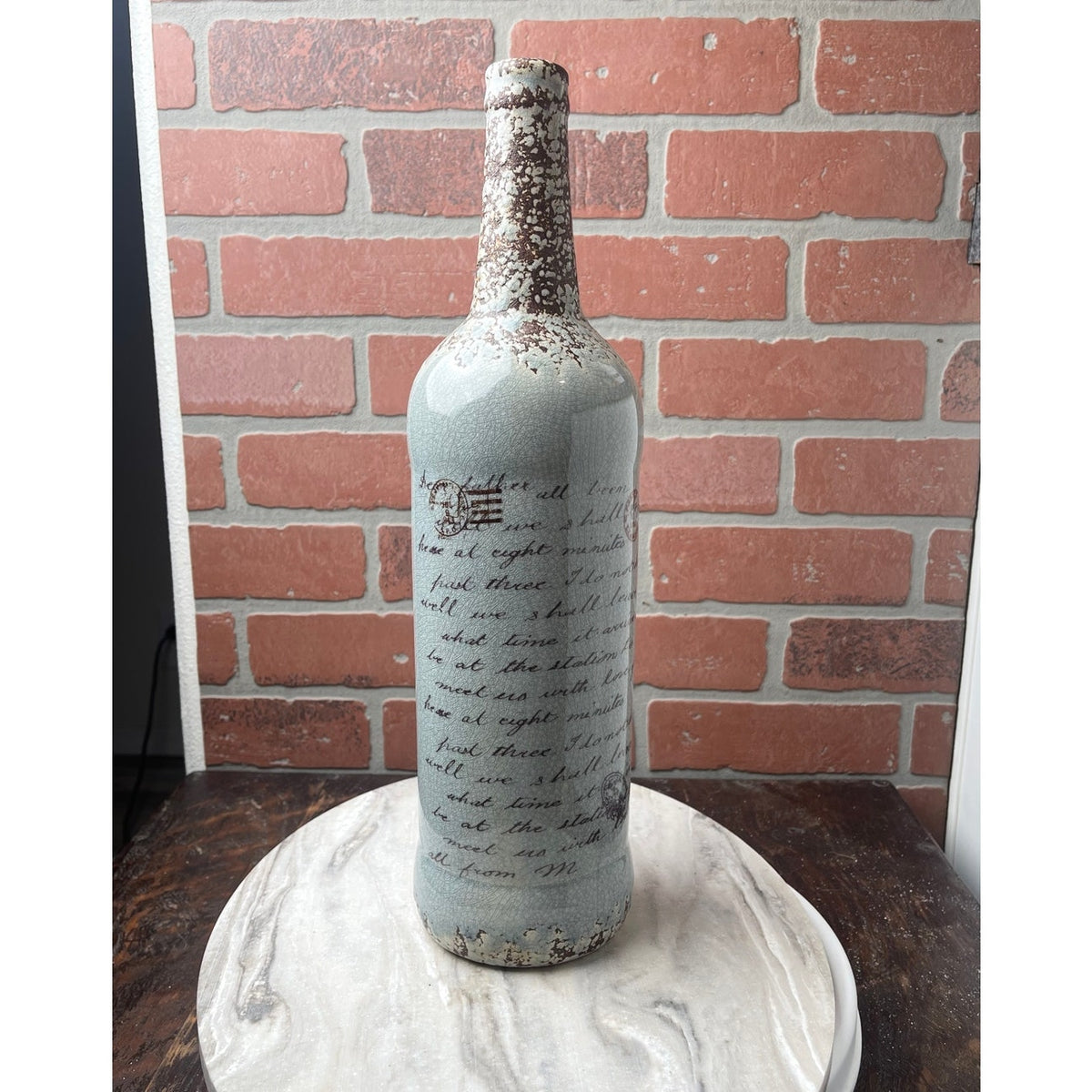 Wine Bottle Vase Blue Gray Script Scripted Pottery Ceramic Large Lords Prayer