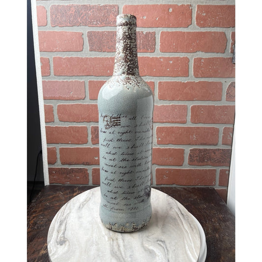 Wine Bottle Vase Blue Gray Script Scripted Pottery Ceramic Large Lords Prayer