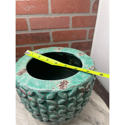 Planter Teal Green Crackle Glaze Distressed Textured Petal Ceramic VTG