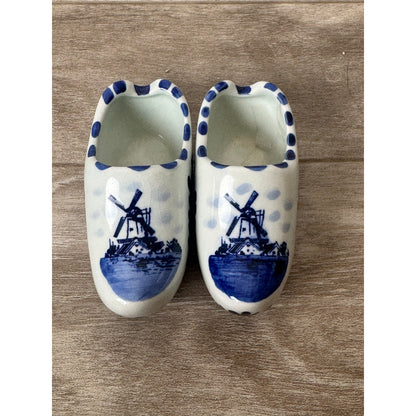Clog Shoes Delfts Ceramic Blauw Handpainted Windmill Pair Used Blue 3.5in