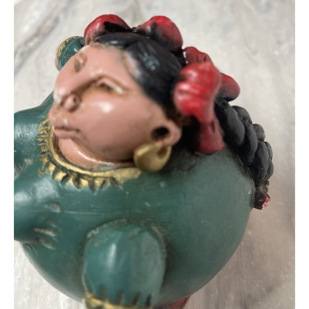 Mexican Gordita Figurine Clay Woman Green Red Dress Folk Art Vintage