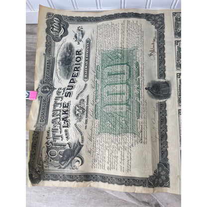 Railway Atlantic Lake Superior 1892 £100 Bond Uncut Coupons Railroadiana Antique