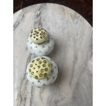 Shakers Salt Pepper Porcelain  Footed Hand Painted Floral Yellow Gold White VTG