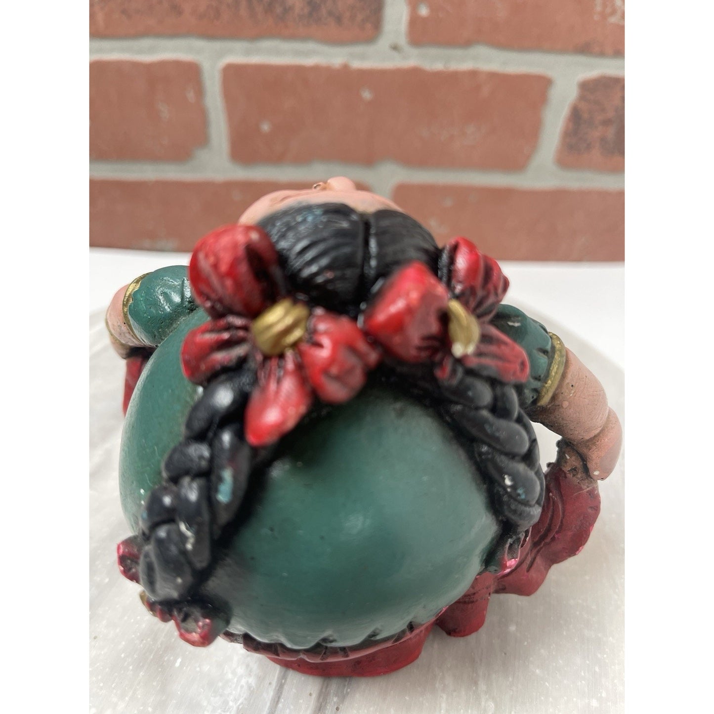 Mexican Gordita Figurine Clay Woman Green Red Dress Folk Art Vintage