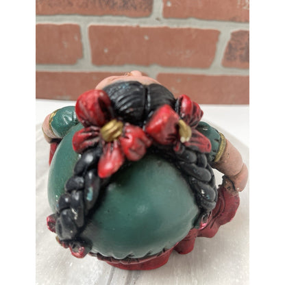 Mexican Gordita Figurine Clay Woman Green Red Dress Folk Art Vintage