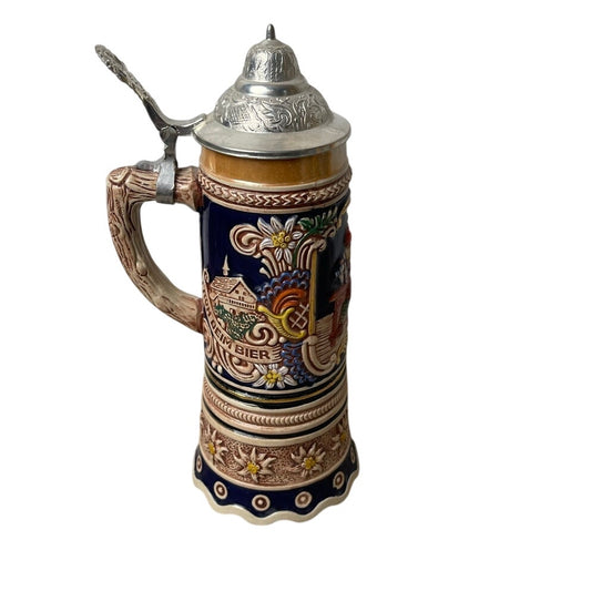 Beer Stein Gerz West Germany Musical  Pewter Lid 10" Relief Blue VTG MCM Tavern