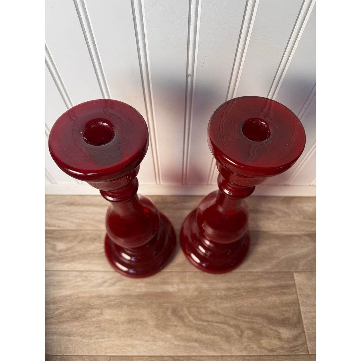 Candle Holder Ruby Red Glass Pillar Set Pedestal Pair 12" Tall Vintage
