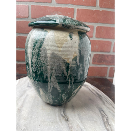 Pottery Lidded Jar Studio Unisex Large 8x6 Green White Vintage Cottagecore