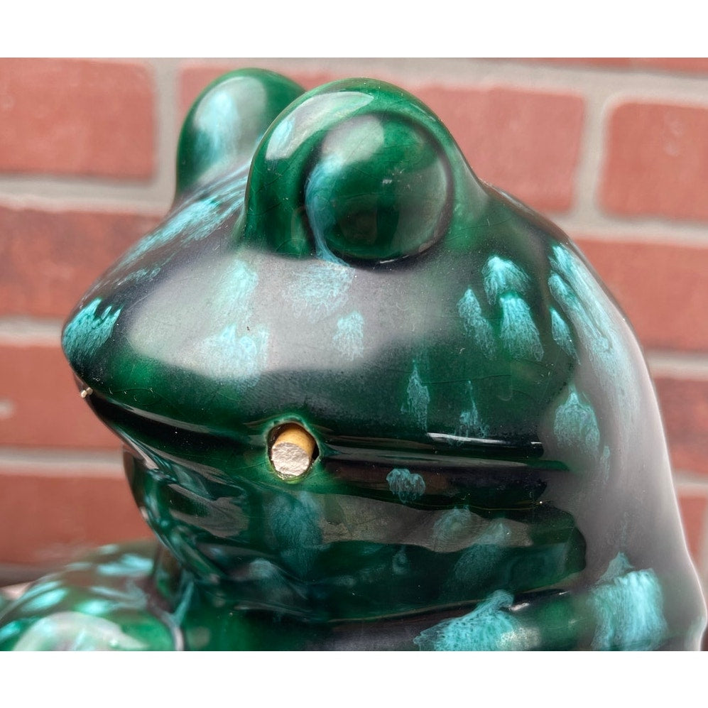 Figurine Frog Statue Large 8" Emerald Green Drip Glaze Ceramic MCM BOHO VTG