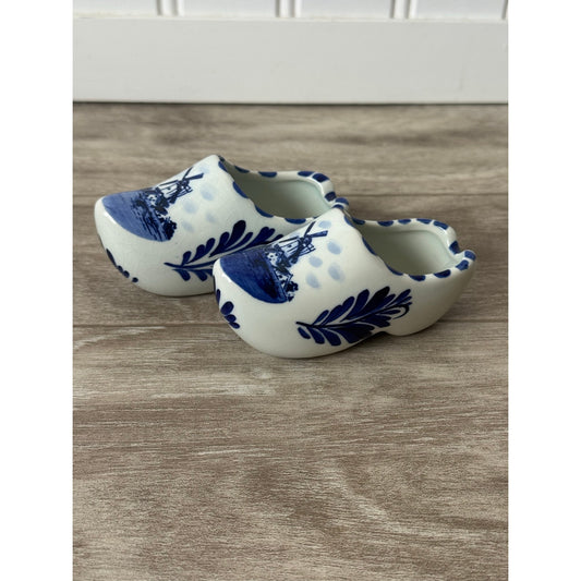 Clog Shoes Delfts Ceramic Blauw Handpainted Windmill Pair Used Blue 3.5in