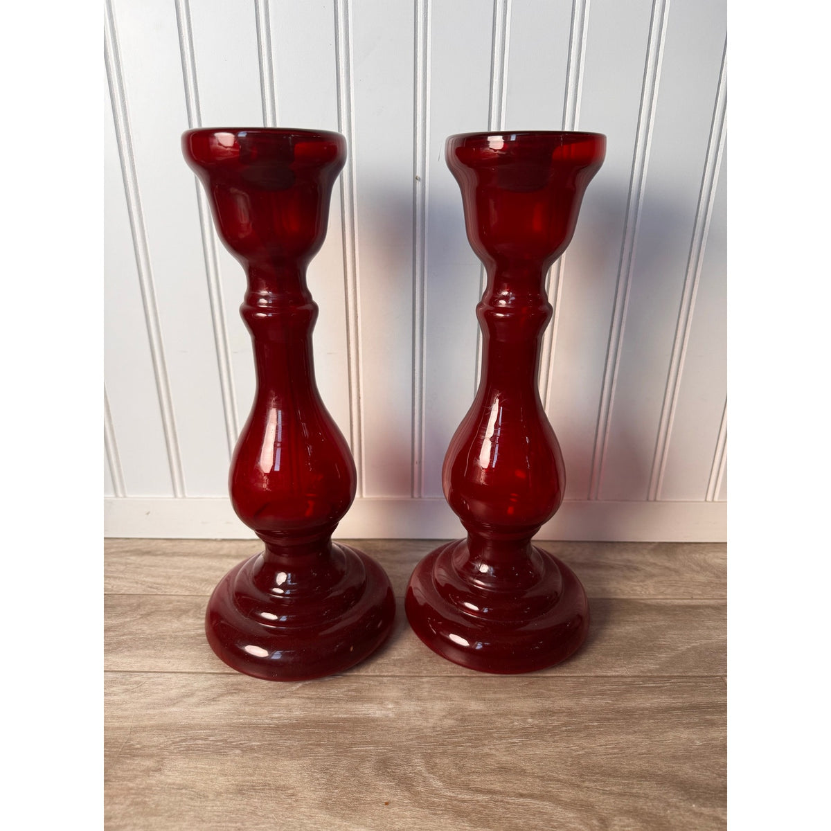 Candle Holder Ruby Red Glass Pillar Set Pedestal Pair 12" Tall Vintage