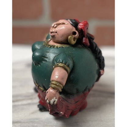 Mexican Gordita Figurine Clay Woman Green Red Dress Folk Art Vintage