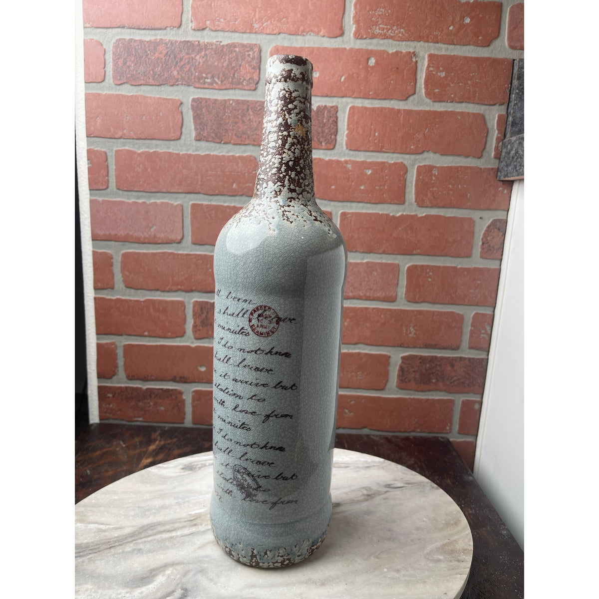 Wine Bottle Vase Blue Gray Script Scripted Pottery Ceramic Large Lords Prayer