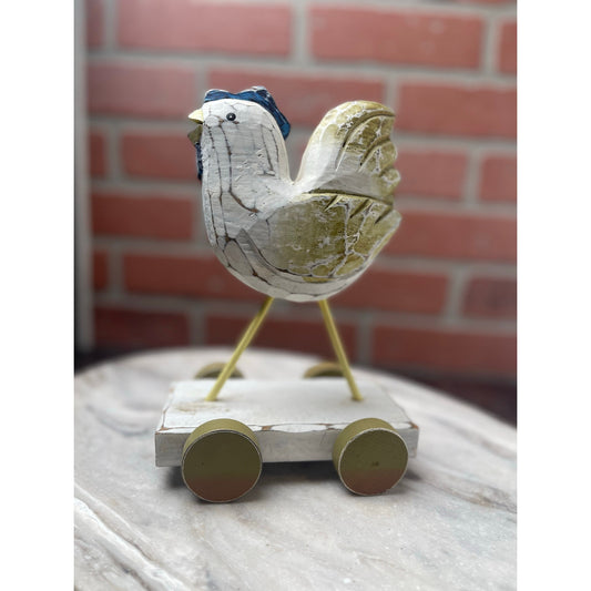Chicken Figurine On Wheels 7.5" Folk Art Farmhouse Rustic Decor Vintage Nursery