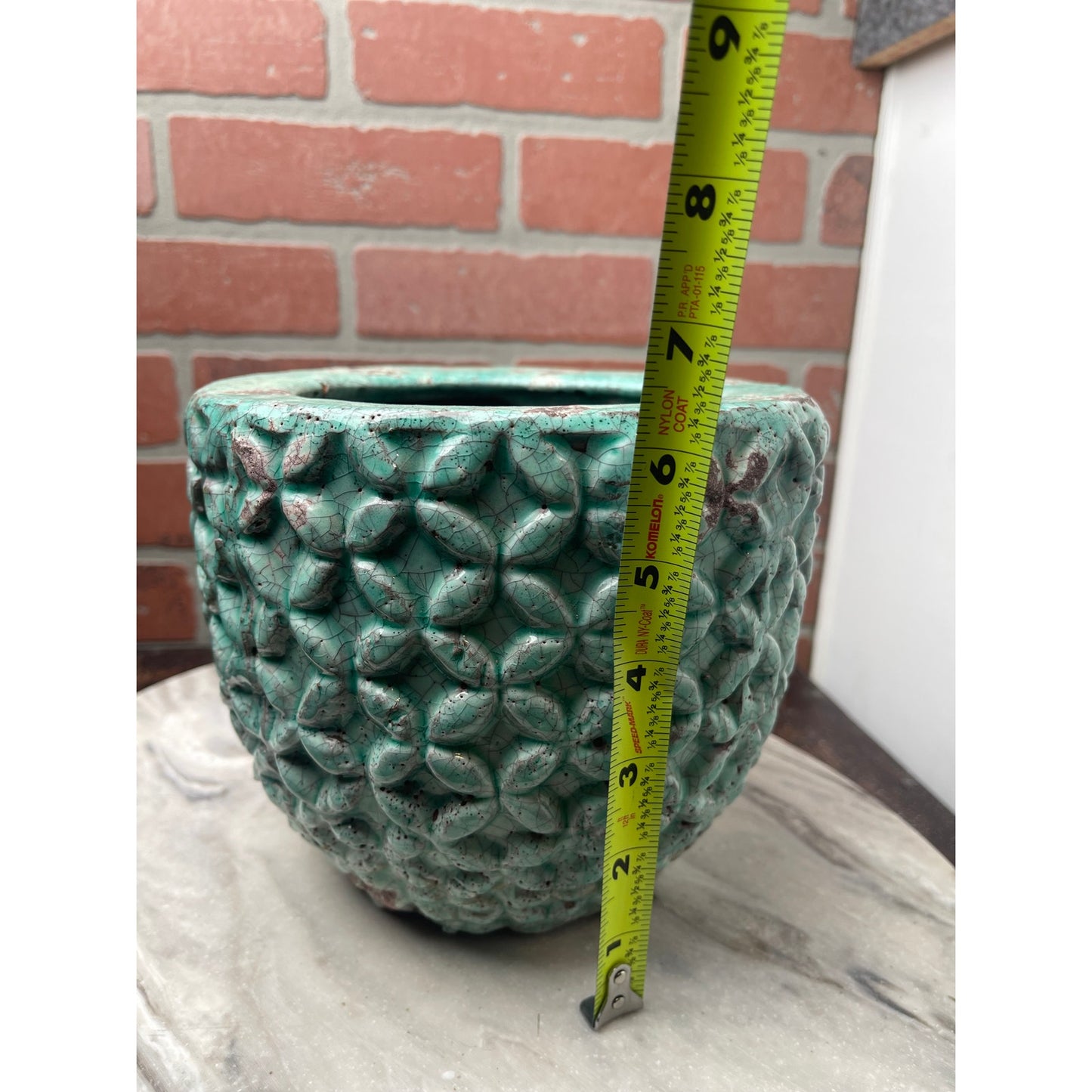 Planter Teal Green Crackle Glaze Distressed Textured Petal Ceramic VTG