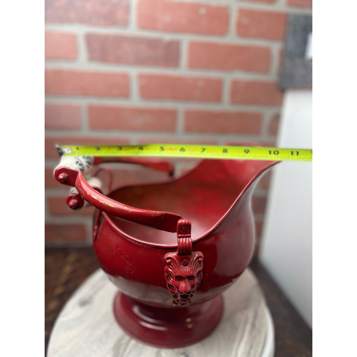 Coal Scuttle Hod Bucket Red Metal Lion Head Delft Ceramic Handle 9X11" VTG