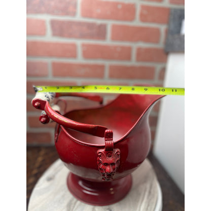 Coal Scuttle Hod Bucket Red Metal Lion Head Delft Ceramic Handle 9X11" VTG