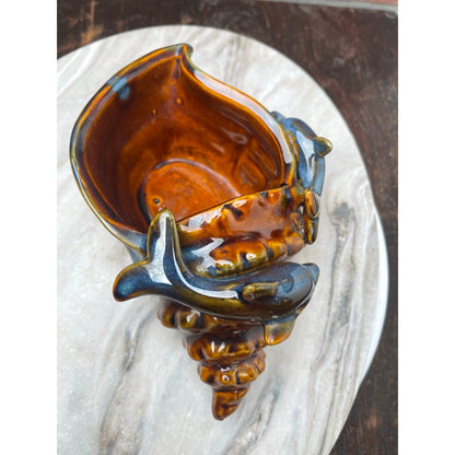 Dolphin Conch Shell Planter Trinket Dish 8" Brown Teal Drip GlZ Repaired VTG MCM