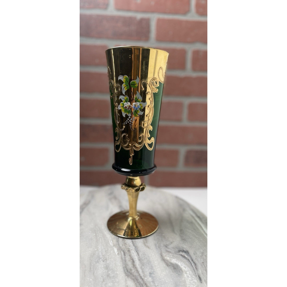 Venetian Murano Glass Champagne Flute Tre Fuochi Emerald Green Gold Gilt