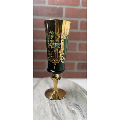 Venetian Murano Glass Champagne Flute Tre Fuochi Emerald Green Gold Gilt