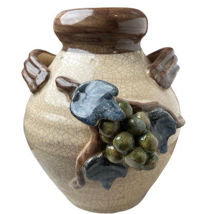 Vase Ginger Jar Majolica Style Grape Vine Pottery 3D Relief Beige Blue Green VTG