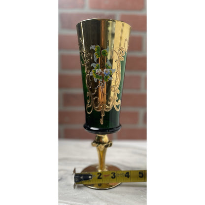 Venetian Murano Glass Champagne Flute Tre Fuochi Emerald Green Gold Gilt