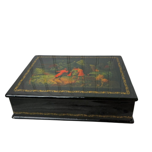 Box Kholuy Russian Hand Painted Prince Igor Signed N. Smirnov Folk Blk 70s VTG