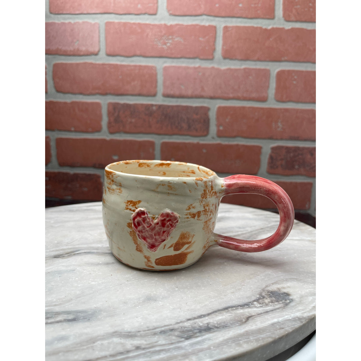 Mug Red Clay Rustic White Glaze Coffee Cup 10oz Handmade signed Ceramic Heart
