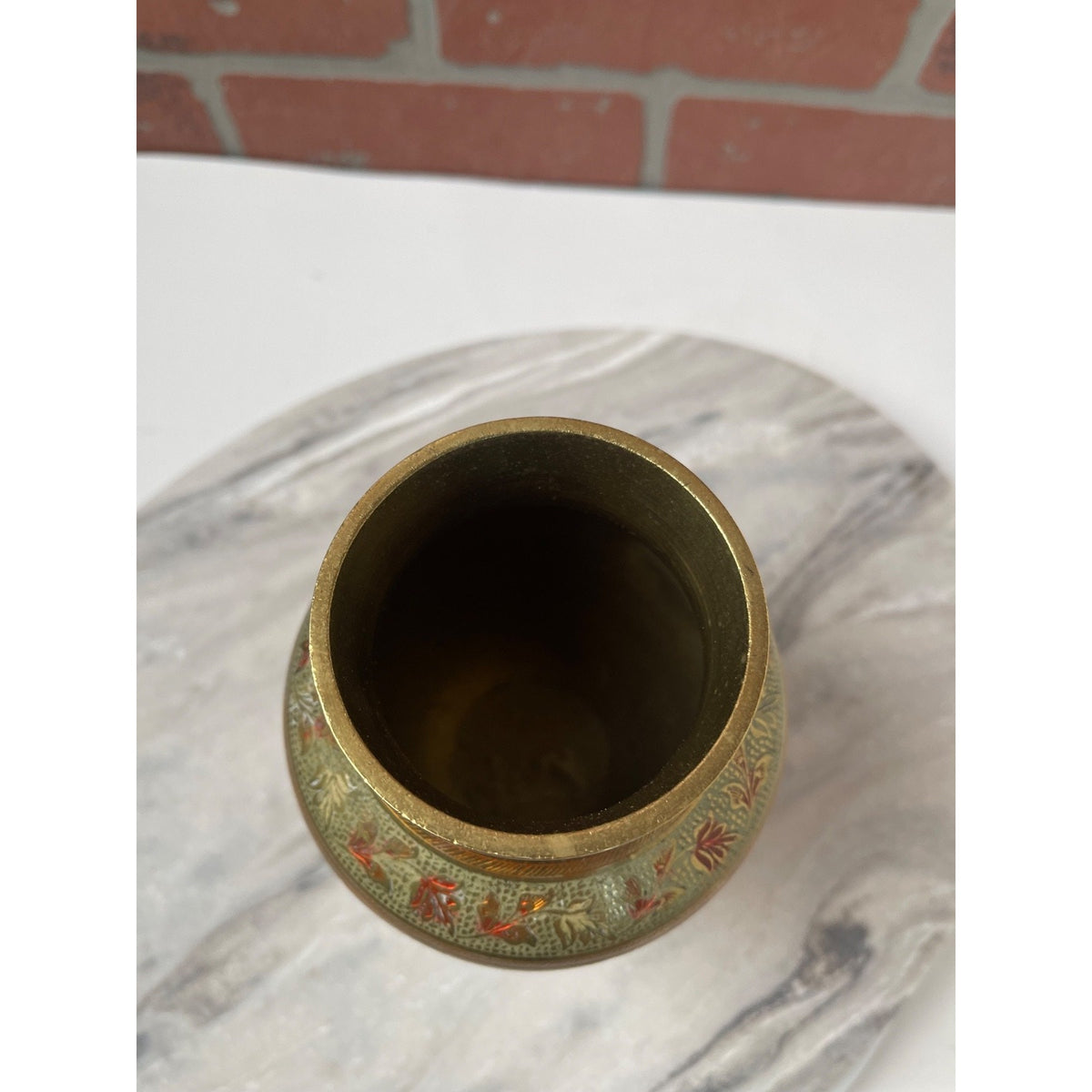 Brass Vase Hand-Etched Enameled Made in India Red Gold Floral Boho Decor VTG