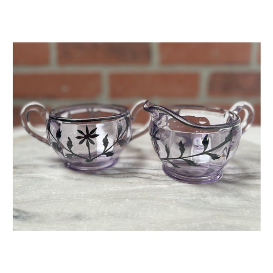Sugar and Creamer Glass Set Lavender Purple Silver Floral Vintage 1930s MCM