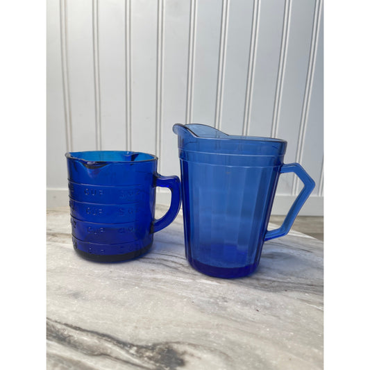 Pitcher & Measuring Cup Set Era: 1930s-1950s Cobalt Blue Glass VTG