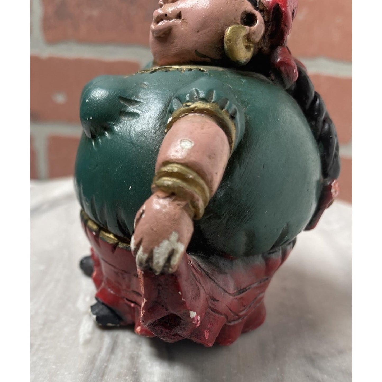 Mexican Gordita Figurine Clay Woman Green Red Dress Folk Art Vintage