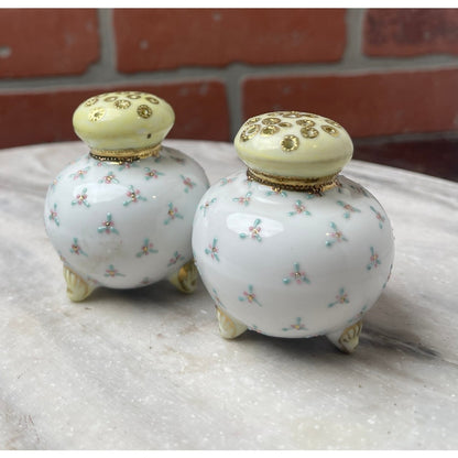 Shakers Salt Pepper Porcelain  Footed Hand Painted Floral Yellow Gold White VTG