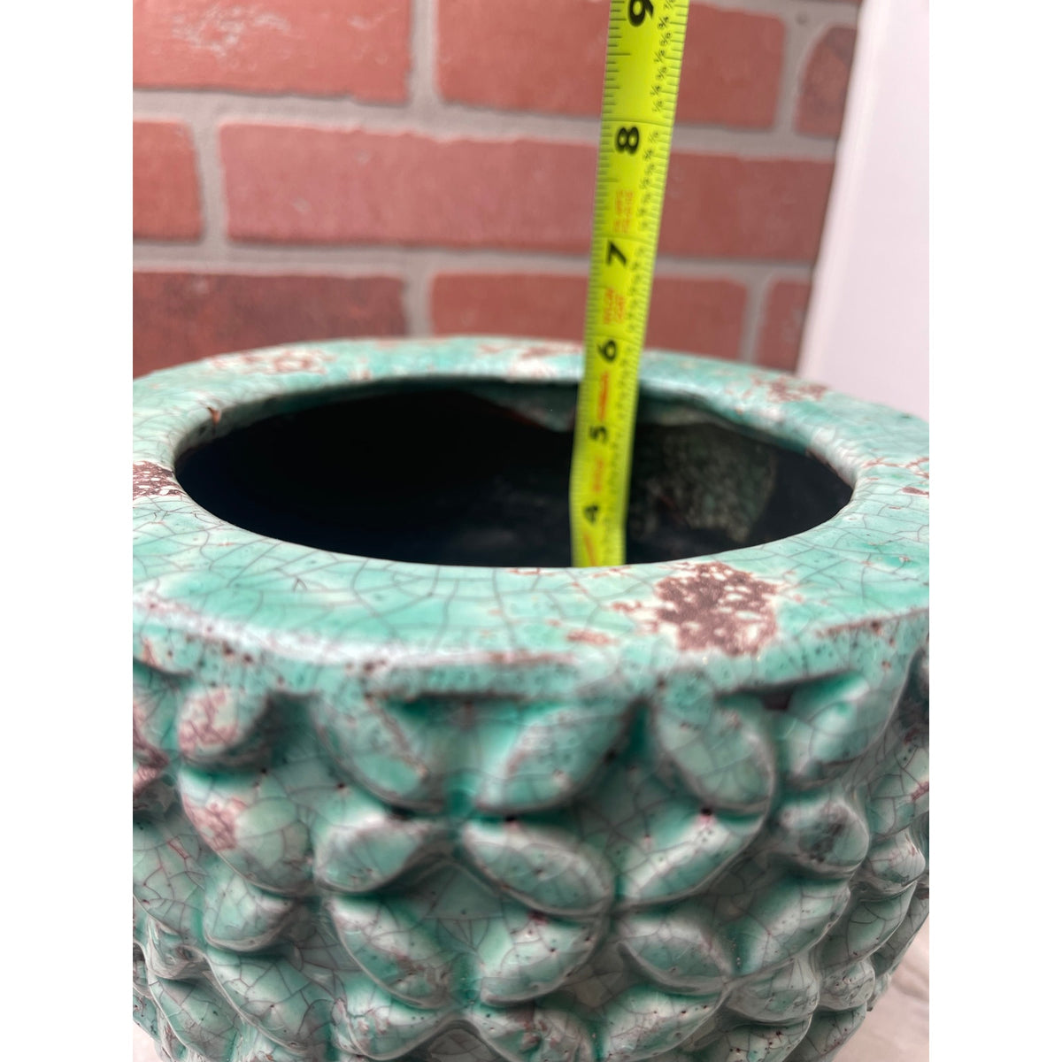 Planter Teal Green Crackle Glaze Distressed Textured Petal Ceramic VTG
