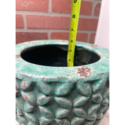 Planter Teal Green Crackle Glaze Distressed Textured Petal Ceramic VTG