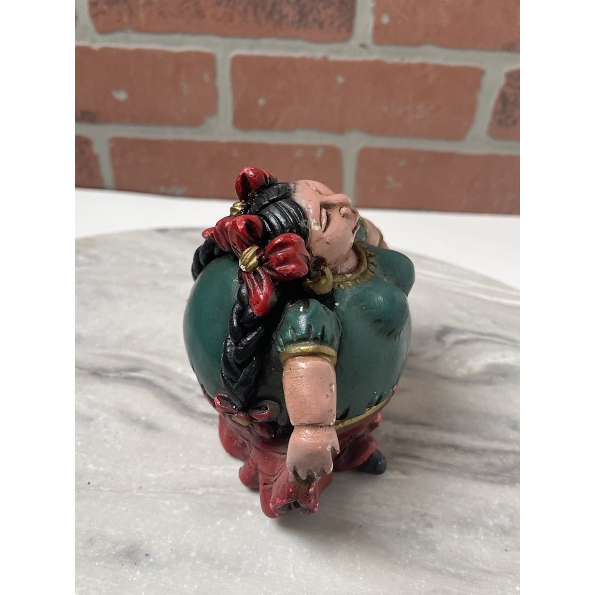 Mexican Gordita Figurine Clay Woman Green Red Dress Folk Art Vintage
