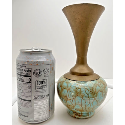 Bud Vase Delft Holland Turquoise Crackle Brass Hand Painted Vintage 1950s MCM