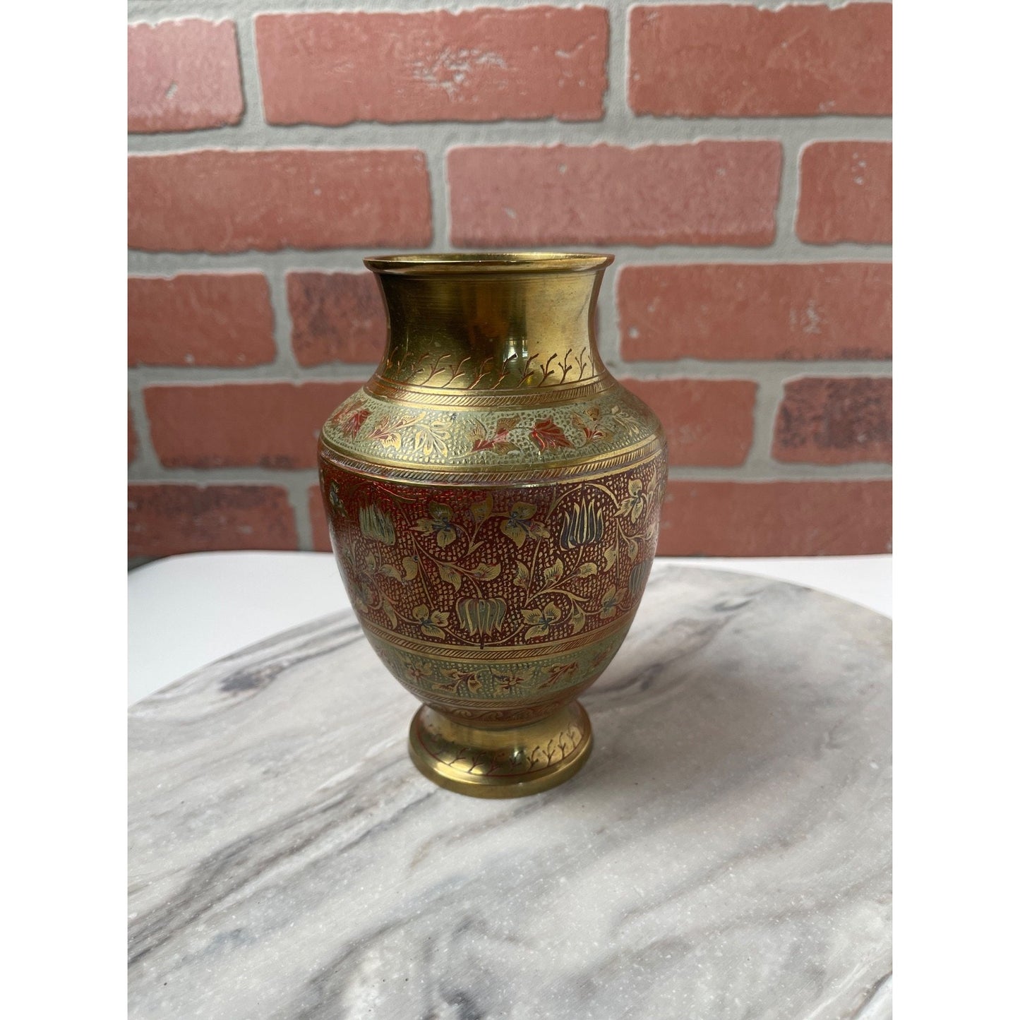 Brass Vase Hand-Etched Enameled Made in India Red Gold Floral Boho Decor VTG