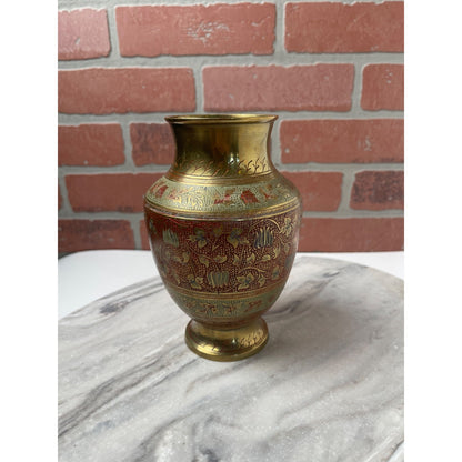 Brass Vase Hand-Etched Enameled Made in India Red Gold Floral Boho Decor VTG