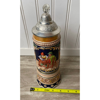 Beer Stein Gerz West Germany Musical  Pewter Lid 10" Relief Blue VTG MCM Tavern
