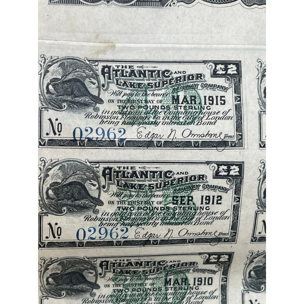 Railway Atlantic Lake Superior 1892 £100 Bond Uncut Coupons Railroadiana Antique