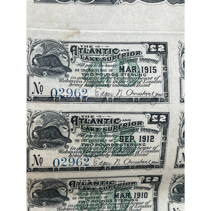 Railway Atlantic Lake Superior 1892 £100 Bond Uncut Coupons Railroadiana Antique