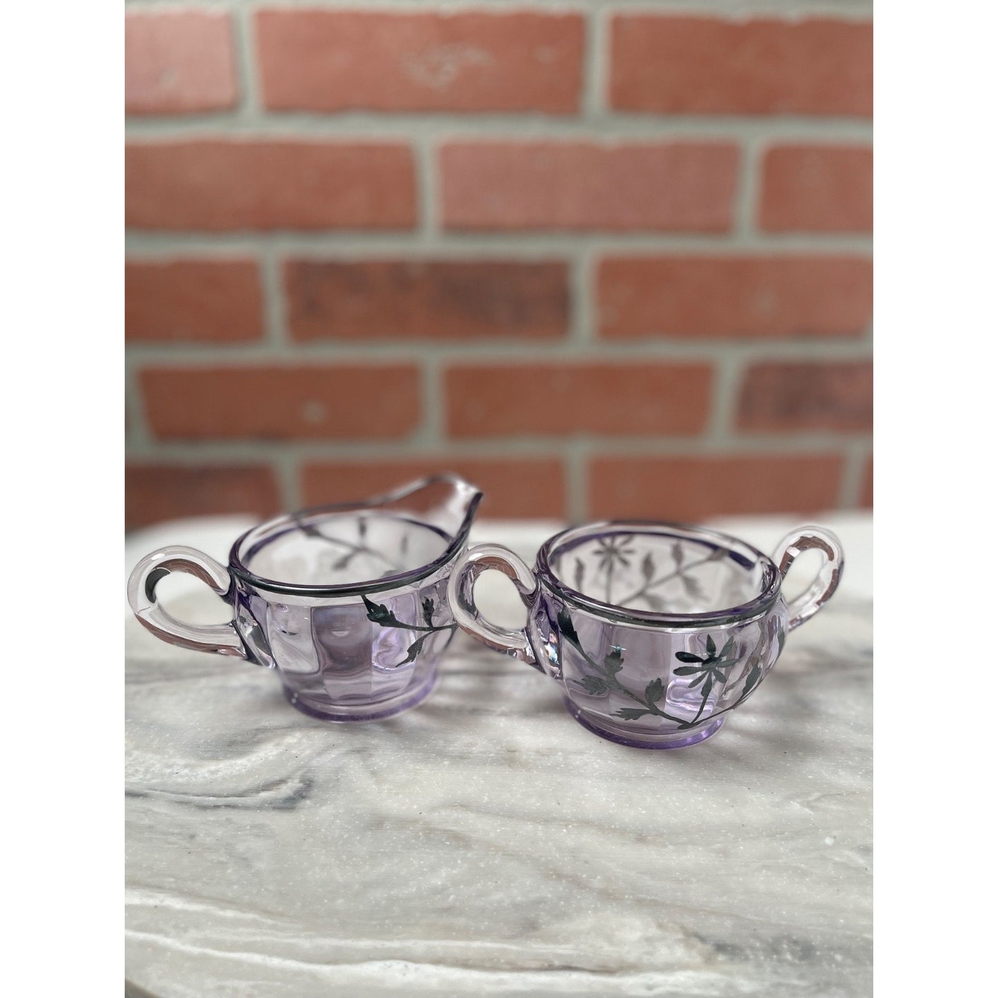 Sugar and Creamer Glass Set Lavender Purple Silver Floral Vintage 1930s MCM