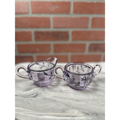 Sugar and Creamer Glass Set Lavender Purple Silver Floral Vintage 1930s MCM