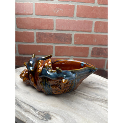 Dolphin Conch Shell Planter Trinket Dish 8" Brown Teal Drip GlZ Repaired VTG MCM