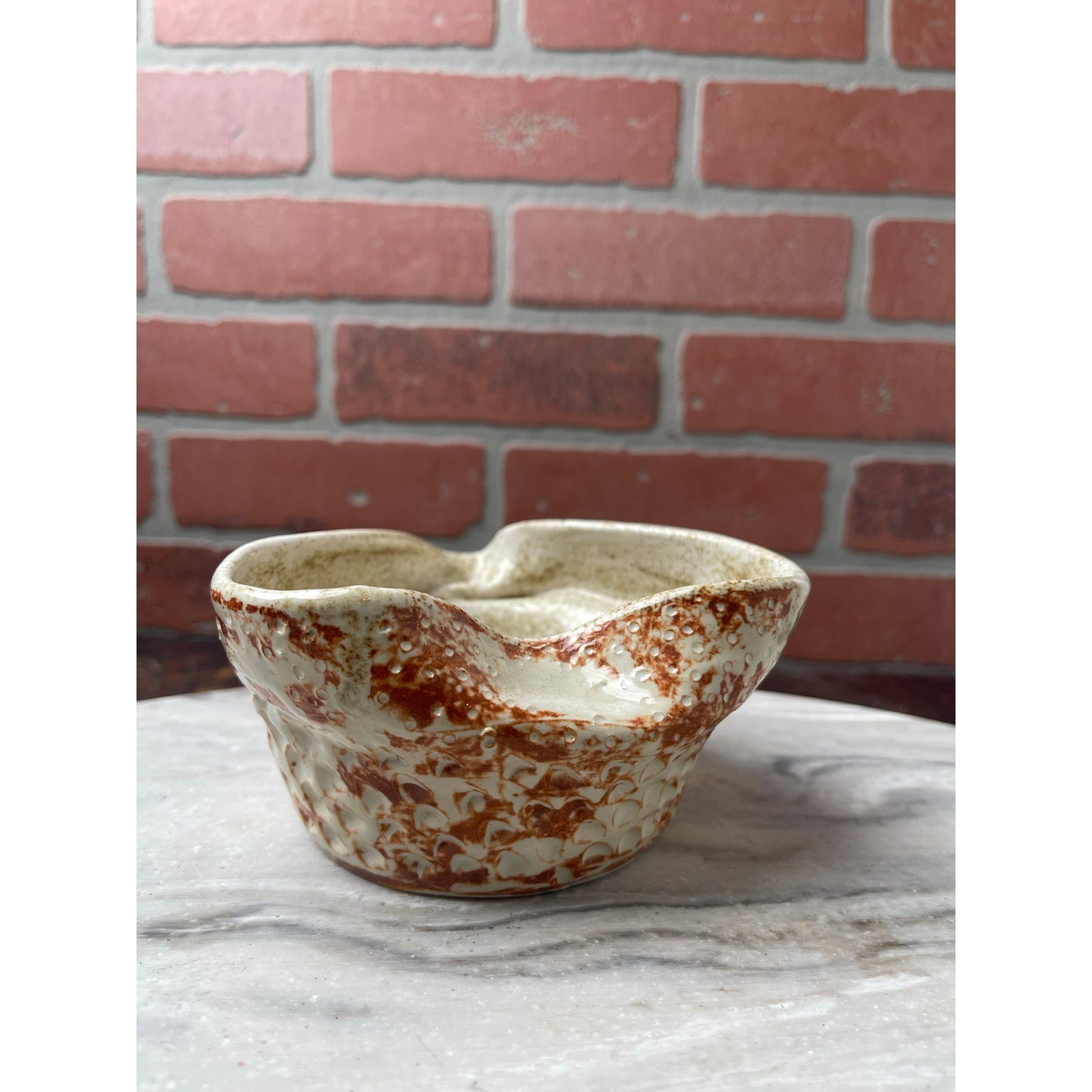 Bowl - Pink White Speckled, Studio Pottery Heart Shape Dimpled Texture, Vintage