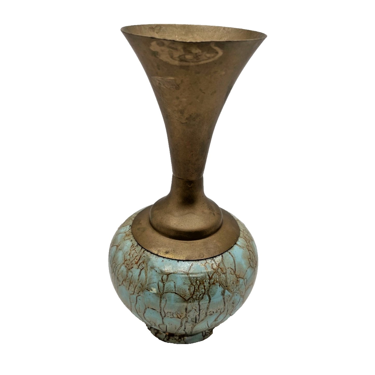 Bud Vase Delft Holland Turquoise Crackle Brass Hand Painted Vintage 1950s MCM