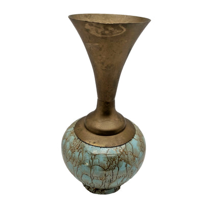 Bud Vase Delft Holland Turquoise Crackle Brass Hand Painted Vintage 1950s MCM