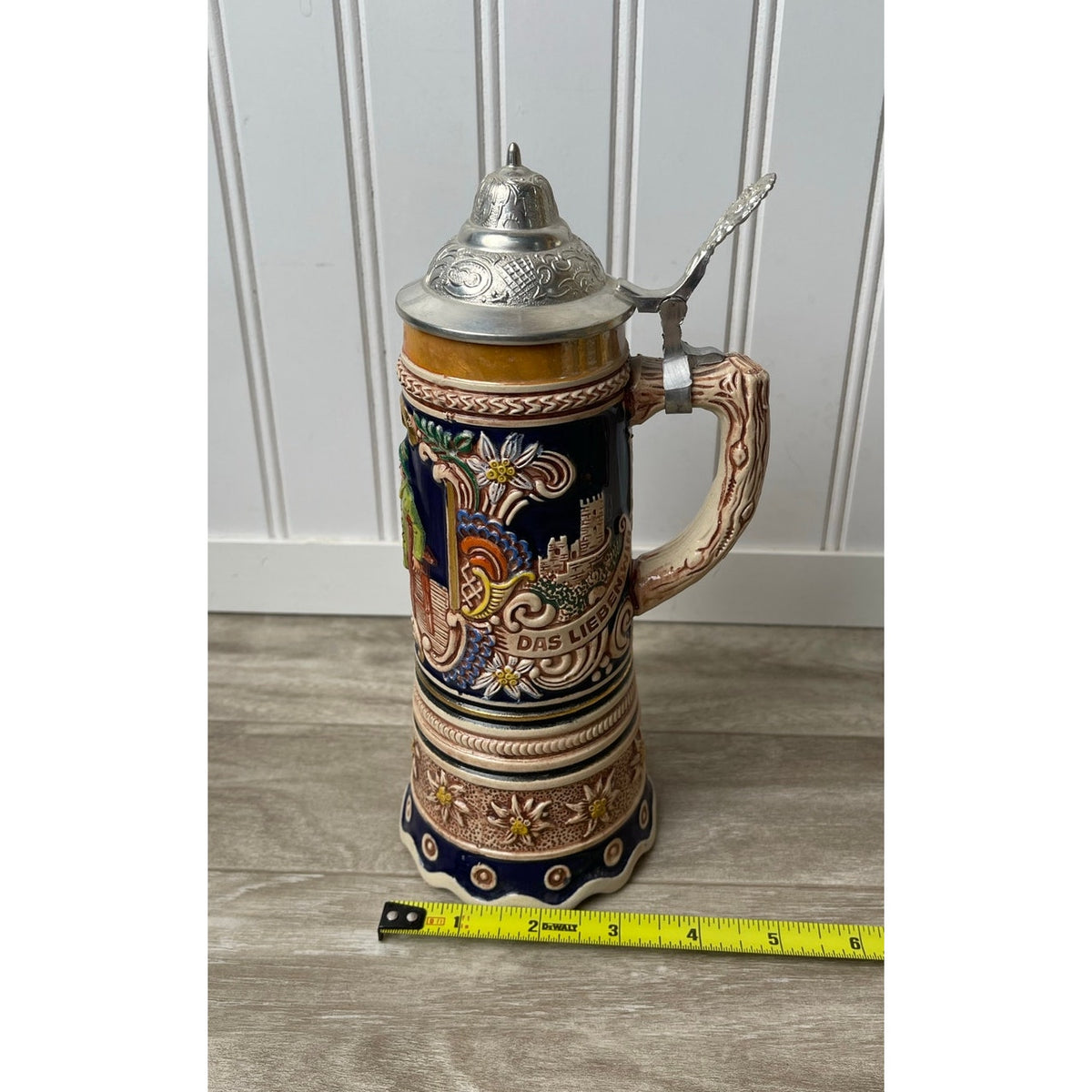 Beer Stein Gerz West Germany Musical  Pewter Lid 10" Relief Blue VTG MCM Tavern