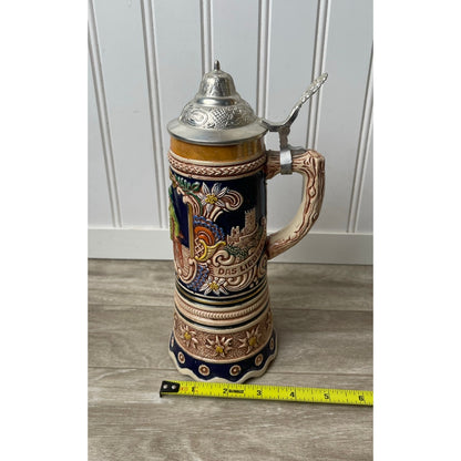 Beer Stein Gerz West Germany Musical  Pewter Lid 10" Relief Blue VTG MCM Tavern
